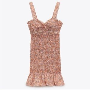 Zara Peach & Periwinkle Floral Smocked Mini Dress